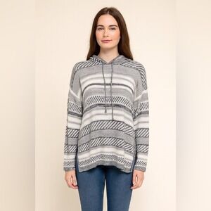 Oh MG: Hooded Knit  sweater,‎ gray, black, and white striped NWT